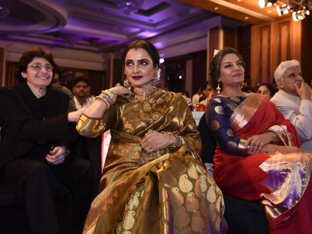 Rekha, Shabana Azmi and Javed Akhtar . (Satish Bate/HT Photo) 