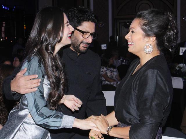 Arshad Warsi with Sanjeeda and his wife Maria Goretti (right). (Pramod Thakur/HT PhOTo ) 