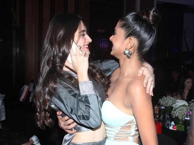 Sanjeeda Sheikh and Jennifer Winget hugging at the party. (Pramod Thakur/HT Photo) 