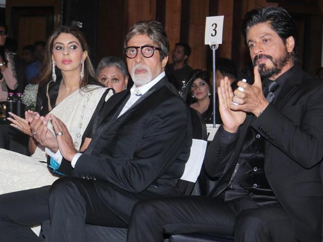 Shweta Bachchan-Nanda, Amitabh Bachchan and Sharukh Khan. (Pramod Thakur/HT Photo ) 