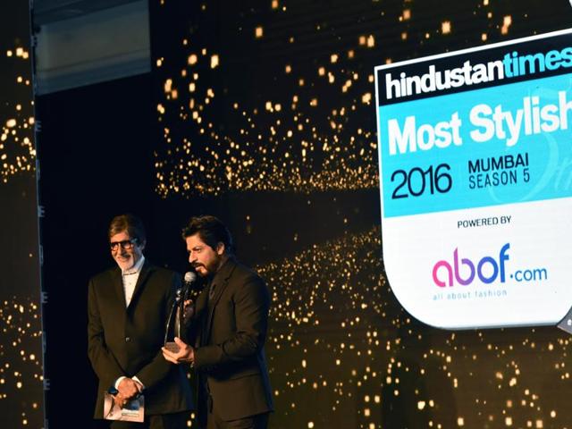 Amitabh Bachchan and Shahrukh Khan share the stage during HT Most Stylish Awards 2016. (Pratham Gokhale/HT Photo) 