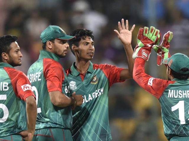 Bangladesh player Mustafizur Rahman celebrates with team wicket of SteveSmith. (Vipin Kumar/HT Photo) Bangladesh player Mustafizur Rahman celebrates with team wicket of SteveSmith. (Vipin Kumar/HT Photo)
