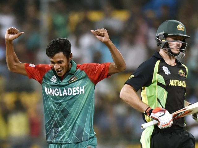 Bangladesh player Mustafizur Rahman celebrates with team wicket of Smith during T20 World Cup league match. (Vipin Kumar/HT Photo) Bangladesh player Mustafizur Rahman celebrates with team wicket of Smith during T20 World Cup league match. (Vipin Kumar/HT Photo)