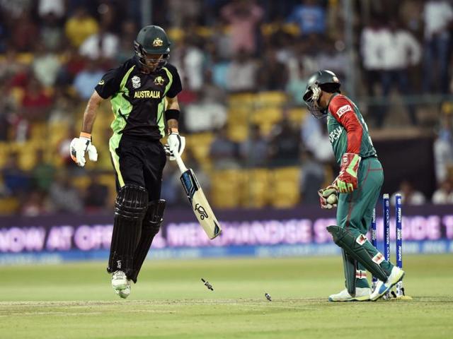 Australian player Maxwell after getting stumped out during T20 World Cup league match at against Bangladesh. (Vipin Kumar/HT Photo) Australian player Maxwell after getting stumped out during T20 World Cup league match at against Bangladesh. (Vipin Kumar/HT Photo)