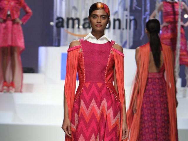 Designer duo Pankaj and Nidhi experimented with a range of pastel colours and prints in their collection. (Raajessh Kashyap/HT) 