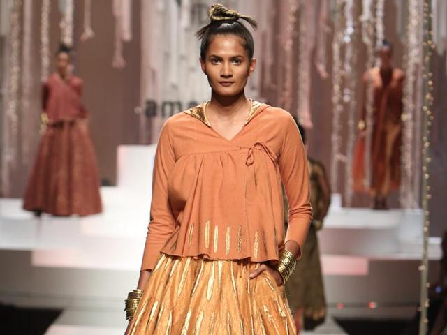 Designer duo Abraham and Thakore were among the nine designers whose work was put on show on the concluding day of the Amazon India Fashion Week.  (Raajessh Kashyap/HT) 
