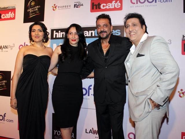 Govinda, Sanjay Dutt with Manyata Dutt pose for photographs at  Hindustan Times Most Stylish Awards 2016. (Shakti Yadav/HT Photo) 