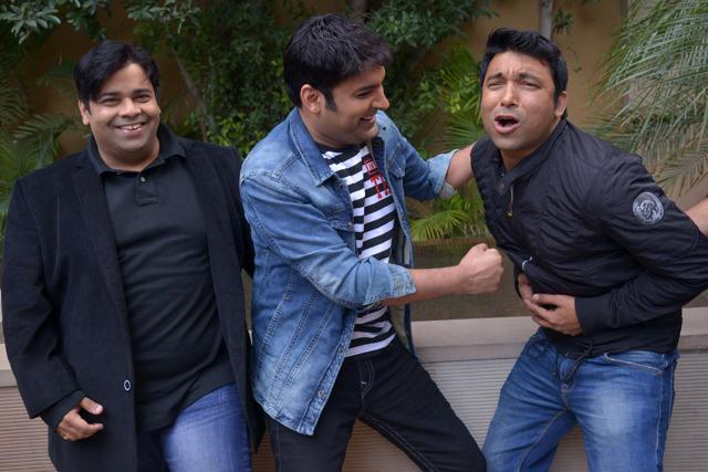 Kapil Sharma Chandan Prabhakar and Kiku Sharda share a light moment during a promotional event for the forthcoming comedy show The Kapil Sharma Show in Amritsar. (AFP) Kapil Sharma Chandan Prabhakar and Kiku Sharda share a light moment during a promotional event for the forthcoming comedy show The Kapil Sharma Show in Amritsar. (AFP)