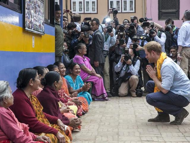 Britain’s Prince Harry visits Nepalese families displaced by the 2015 earthquakes at a camp in Bhaktapur on March 20. The prince is on a five-day visit to Nepal to meet quake survivors and Gurkha soldiers. (AFP) Britain’s Prince Harry visits Nepalese families displaced by the 2015 earthquakes at a camp in Bhaktapur on March 20. The prince is on a five-day visit to Nepal to meet quake survivors and Gurkha soldiers. (AFP)