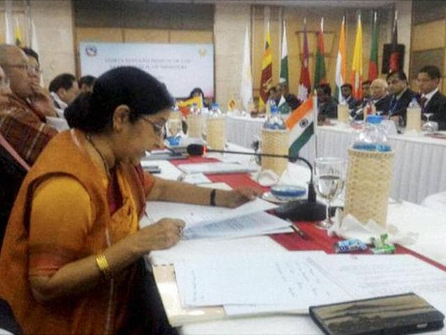 External affairs minister Sushma Swaraj addresses the 37th Saarc Council of Ministers meeting in Nepal’s Pokhara. (PTI) External affairs minister Sushma Swaraj addresses the 37th Saarc Council of Ministers meeting in Nepal’s Pokhara. (PTI)