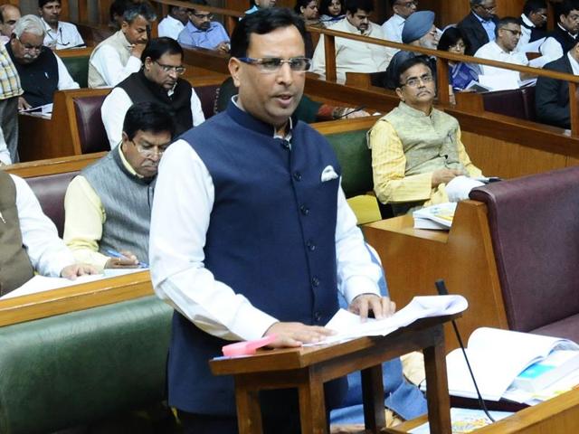 Haryana finance minister Capt Abhimanyu presenting the budget at the Haryana Vidhan Sabha in Chandigarh on Monday. (Keshav Singh/HT Photo) Haryana finance minister Capt Abhimanyu presenting the budget at the Haryana Vidhan Sabha in Chandigarh on Monday. (Keshav Singh/HT Photo)