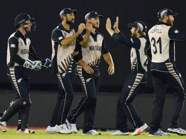 New Zealand players celebrate the wicket of Pakistani cricketer Sharjeel Khan during the ICC World T20. (PTI Photo) New Zealand players celebrate the wicket of Pakistani cricketer Sharjeel Khan during the ICC World T20. (PTI Photo)