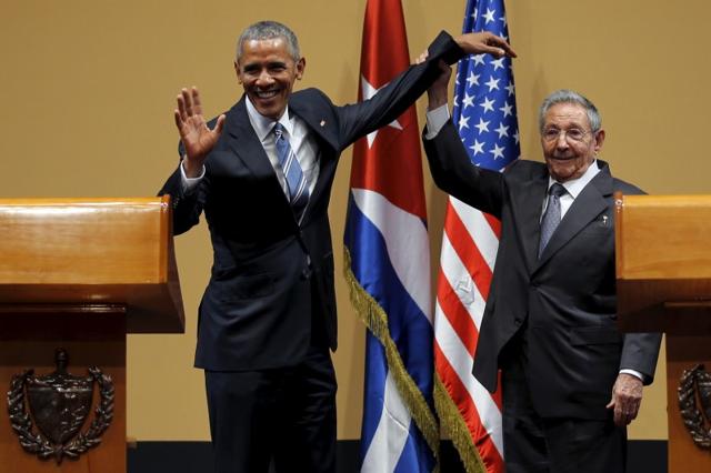 President Barack Obama and Cuban President Raul Castro gesture after a news conference as part of Obama's three-day visit to Cuba, in Havana. (REUTERS) President Barack Obama and Cuban President Raul Castro gesture after a news conference as part of Obama's three-day visit to Cuba, in Havana. (REUTERS)