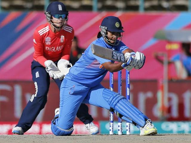 India's Shikha Pandey hits a reverse sweep. (AP) India's Shikha Pandey hits a reverse sweep. (AP)
