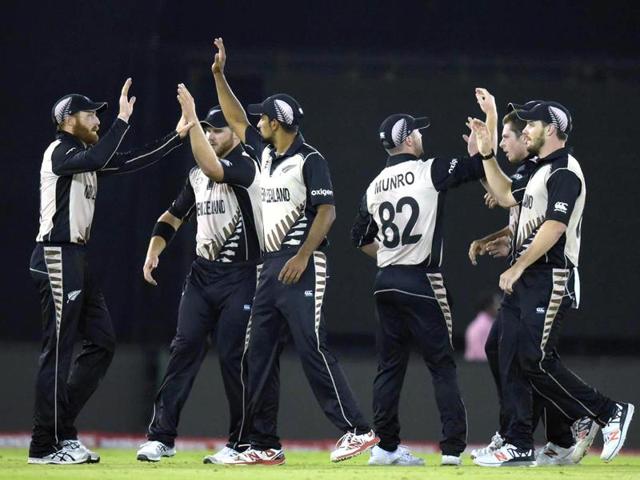 New Zealand players celebrating after the dismissal of Shahid Afridi. (Ravi Kumar/HT Photo) 