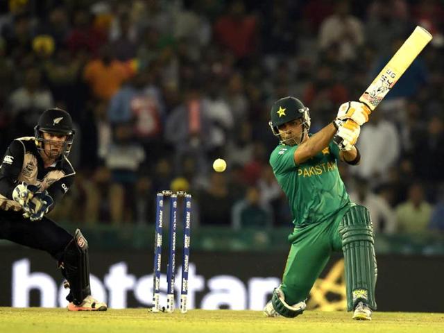 Umar Akmal of Pakistan team play a shot against New Zealand.  (Ravi Kumar/HT Photo) 