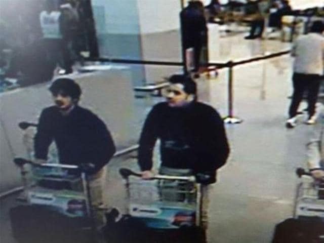 A picture released by the Belgian federal police shows a screengrab of the airport CCTV camera showing suspects of the attacks at Brussels Airport. (AFP) A picture released by the Belgian federal police shows a screengrab of the airport CCTV camera showing suspects of the attacks at Brussels Airport. (AFP)