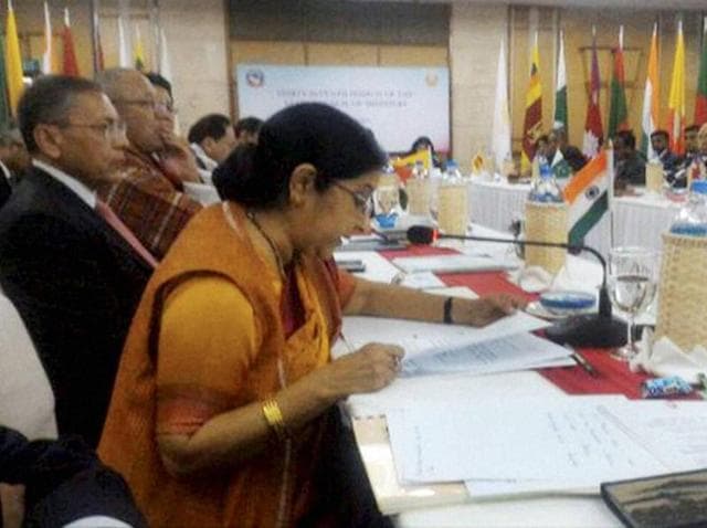 External affairs minister Sushma Swaraj at the 37th SAARC council of ministers meeting in Pokhara.(File Photo/PTI) External affairs minister Sushma Swaraj at the 37th SAARC council of ministers meeting in Pokhara.(File Photo/PTI)