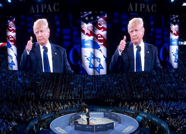 US Republican presidential hopeful Donald Trump gives a thumbs-up as he addresses the American Israel Public Affairs Committee (AIPAC) 2016 Policy Conference at the Verizon Center in Washington DC. (AFP)