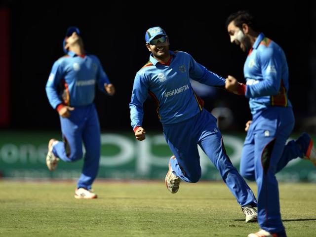 Afghanistan’s Mohammad Nabi celebrates the wicket of Ben Stokes. (Mohd Zakir/HT Photo) Afghanistan’s Mohammad Nabi celebrates the wicket of Ben Stokes. (Mohd Zakir/HT Photo)