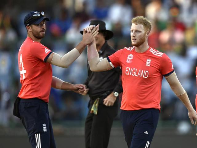 England’s Ben Stokes (C) celebrates the fall of an Afghanistan wicket. (Mohd Zakir/HT Photo) England’s Ben Stokes (C) celebrates the fall of an Afghanistan wicket. (Mohd Zakir/HT Photo)