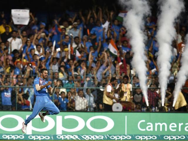 Indian player Hardik Pandya celebrates after taking the catch. (Vipin Kumar/HT Photo) Indian player Hardik Pandya celebrates after taking the catch. (Vipin Kumar/HT Photo)