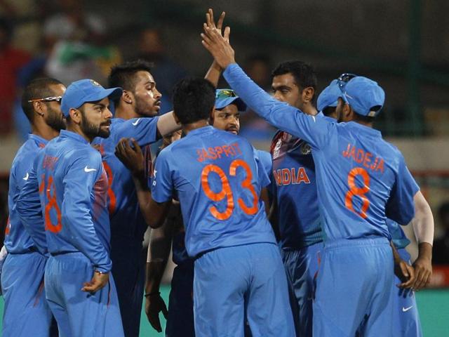 Indian players celebrate the dismissal of Bangladesh's Mohammad Mithun during their ICC World Twenty20 . (AP Photo)