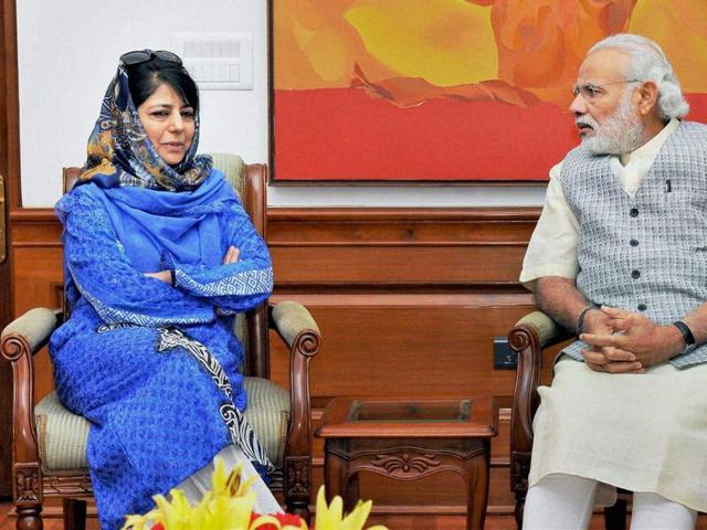 Prime Minister Narendra Modi with PDP leader Mehbooba Mufti in a meeting in New Delhi on Tuesday. (PTI) Prime Minister Narendra Modi with PDP leader Mehbooba Mufti in a meeting in New Delhi on Tuesday. (PTI)