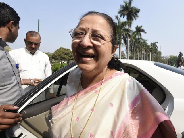 New Delhi, India. 8th March 2016 : Speaker of the Lok Sabha Sumitra Mahajan during the Parliament Budget Session in New Delhi, India on Tuesday, March 8, 2016. (Photo by Sonu Mehta / Hindustan Times) (Sonu Mehta/HT Photo) New Delhi, India. 8th March 2016 : Speaker of the Lok Sabha Sumitra Mahajan during the Parliament Budget Session in New Delhi, India on Tuesday, March 8, 2016. (Photo by Sonu Mehta / Hindustan Times) (Sonu Mehta/HT Photo)