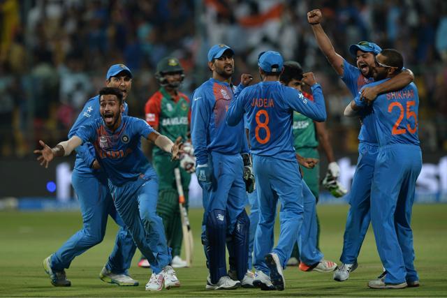 Indian players celebrate the wicket that led to the victory of India by 1 run . (AFP)