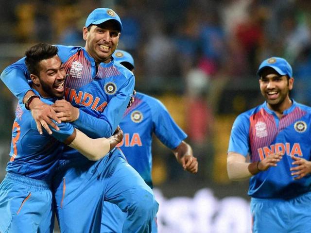 India's Hardik Pandya celebrates the win over Bangladesh during the ICC World T20 match.(PTI Photo)