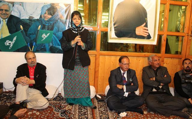 Mehbooba Mufti addressing a legislature party meeting at her residence in Srinagar. It was during the course of this meeting that she was elected chief minister candidate and Legislature party Leader. (PTI) Mehbooba Mufti addressing a legislature party meeting at her residence in Srinagar. It was during the course of this meeting that she was elected chief minister candidate and Legislature party Leader. (PTI)