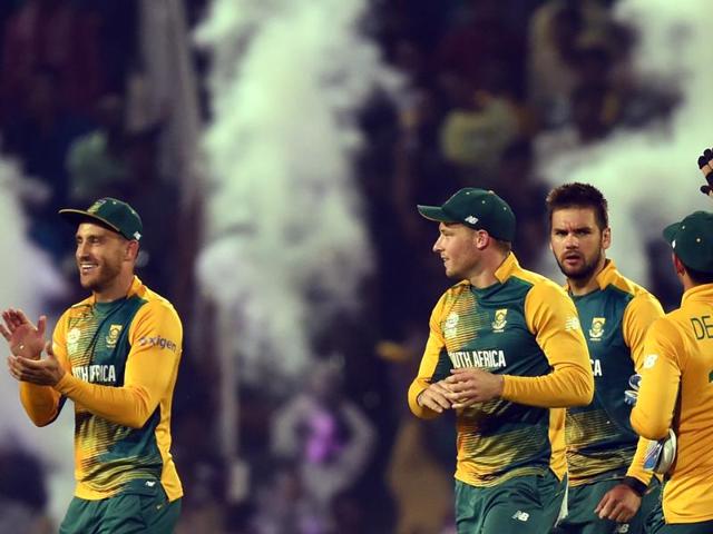 South African players celebrate the wicket of Andre Fletcher. (Kunal Patil/HT Photo) South African players celebrate the wicket of Andre Fletcher. (Kunal Patil/HT Photo)