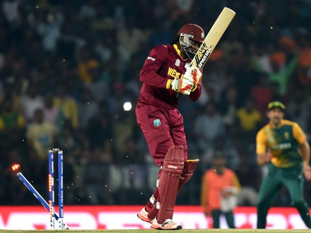West Indies’ Chris Gayle is bowled by Kagiso Rabada in the first over. (Kunal Patil/HT Photo) West Indies’ Chris Gayle is bowled by Kagiso Rabada in the first over. (Kunal Patil/HT Photo)