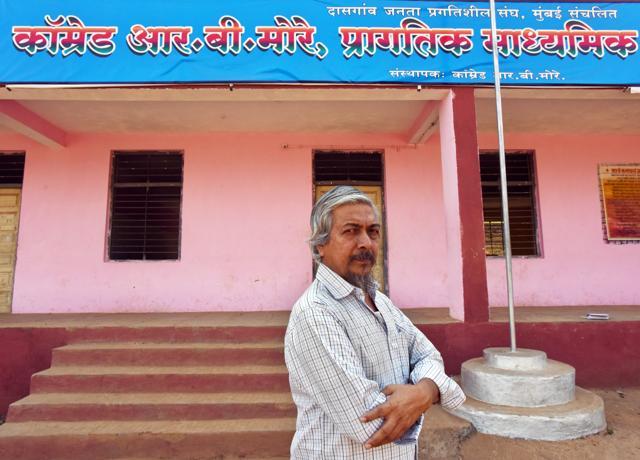 Subodh More, a third-generation Communist activist, in front of the school in Dasgaon named after his grandfather Comrade RB More. Being a Dalit and a Communist has meant that RB More’s contribution has perhaps been sidelined from all sides. (Kunal Patil / HT Photo) Subodh More, a third-generation Communist activist, in front of the school in Dasgaon named after his grandfather Comrade RB More. Being a Dalit and a Communist has meant that RB More’s contribution has perhaps been sidelined from all sides. (Kunal Patil / HT Photo)