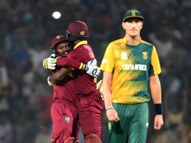 Mumbai, India - March 25, 2016: West Indies players Carlos Brathwaite and Denesh Ramdin celebrate their win against South Africa in the ICC World T20 match at the Vidarbha Cricket Association Stadium in Nagpur on March 25, 2016. (Hindustan Times) Mumbai, India - March 25, 2016: West Indies players Carlos Brathwaite and Denesh Ramdin celebrate their win against South Africa in the ICC World T20 match at the Vidarbha Cricket Association Stadium in Nagpur on March 25, 2016. (Hindustan Times)