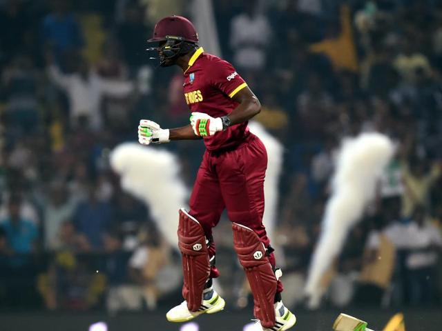 West Indies player Carlos Brathwaite celebrates the win. (Kunal Patil/HT Photo) West Indies player Carlos Brathwaite celebrates the win. (Kunal Patil/HT Photo)
