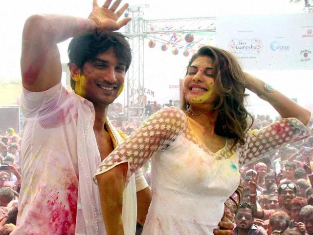 Jacqueline Fernandez and Sushant Singh Rajput celebrated Holi in Mumbai on Thursday. (PTI)