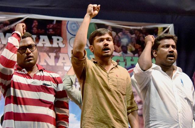 JNU student’s union president Kanhaiya Kumar alongwith other student representatives in Hyderabad. “Kanhaiya [an upper-caste Bhumihar with the AISF] talks of Ambedkar even though he is not of Ambedkar’s caste,” says More. (PTI)