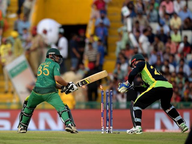 Khalid latif of Pakistan team bowled by James Faulkner. (Ravi Kumar/HT Photo) Khalid latif of Pakistan team bowled by James Faulkner. (Ravi Kumar/HT Photo)