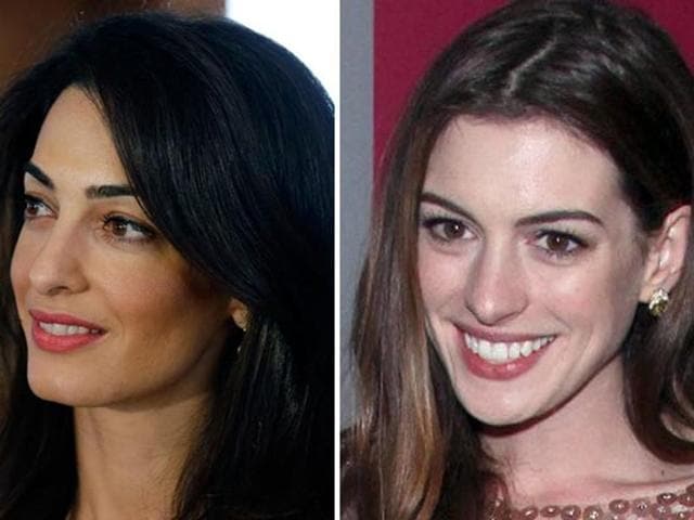 Now this is not news. Amal (left) has been drawing comparisons with Anne Hathaway ever since she was revealed to the media as George Clooney’s betrothed. Same dark hair and a million dollar smile. (HT PHOTO)