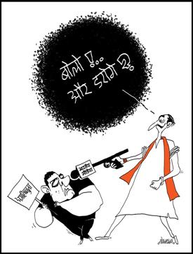 Illustrator Gopal Shoonya’s cartoons are in Hindi so they appeal to the common man and reach a larger number of people. Illustrator Gopal Shoonya’s cartoons are in Hindi so they appeal to the common man and reach a larger number of people.