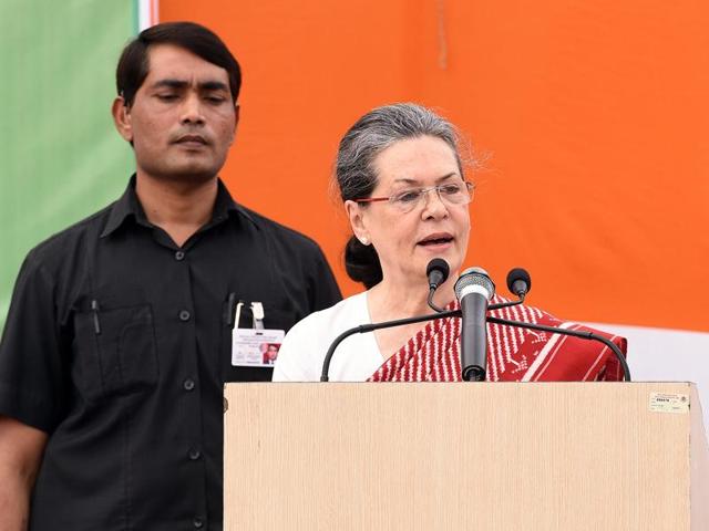 Congress President Sonia Gandhi addressing a function at AICC headquarters in New Delhi. (Hindustan Times) Congress President Sonia Gandhi addressing a function at AICC headquarters in New Delhi. (Hindustan Times)