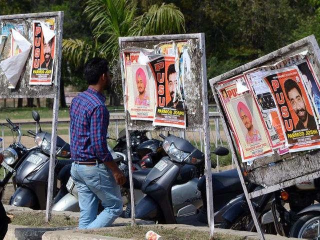 Posters of different student organisations on the Panjab University campus in Chandigarh on Friday.(Karun Sharma/HT Photo) Posters of different student organisations on the Panjab University campus in Chandigarh on Friday.(Karun Sharma/HT Photo)