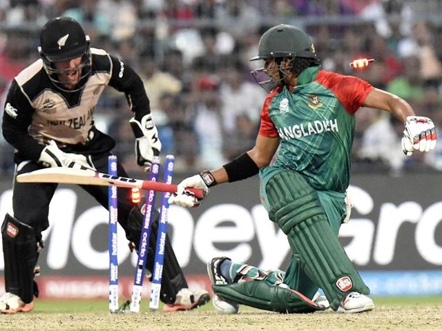 Soumya Sarkar of Bangladesh stumped in T20 World Cup against New Zealand. (Ashok Nath Dey/HT Photo) Soumya Sarkar of Bangladesh stumped in T20 World Cup against New Zealand. (Ashok Nath Dey/HT Photo)
