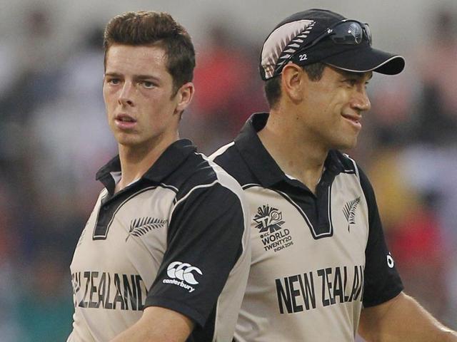 New Zealand's Mitchell Santner and Ross Taylor, right, celebrate the dismissal. (AP Photo) New Zealand's Mitchell Santner and Ross Taylor, right, celebrate the dismissal. (AP Photo)