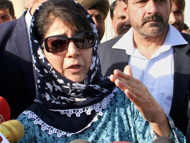 PDP chief Mehbooba Mufti interacts with journalists in Jammu after meeting governor NN Vohra at Raj Bhawan. (PTI) PDP chief Mehbooba Mufti interacts with journalists in Jammu after meeting governor NN Vohra at Raj Bhawan. (PTI)