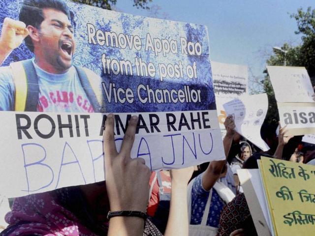 AISA students holding a demonstration demanding justice for the Dalit scholar Rohith Vemula outside Shastri Bhavan in New Delhi on Wednesday. (PTI) AISA students holding a demonstration demanding justice for the Dalit scholar Rohith Vemula outside Shastri Bhavan in New Delhi on Wednesday. (PTI)