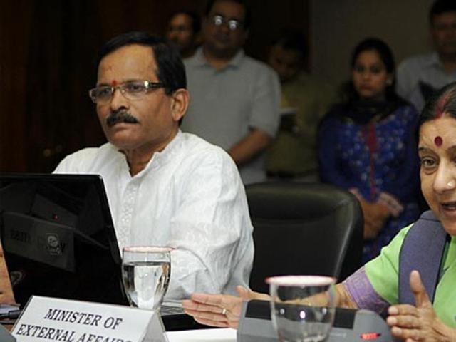 In this file photo, external affairs minister Sushma Swaraj and junior AYUSH minister Shripad Naik address the media. (Sonu Mehta/HT Photo) In this file photo, external affairs minister Sushma Swaraj and junior AYUSH minister Shripad Naik address the media. (Sonu Mehta/HT Photo)