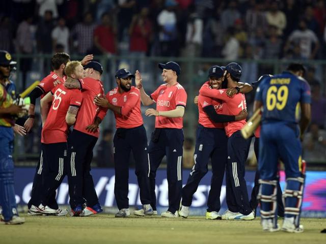 England team members are overjoyed after their win. (Sanjeev Verma/HT Photo) 
